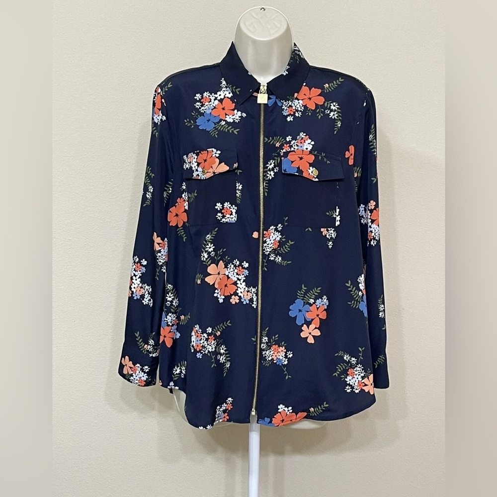 Michael Kors Women’s Blue Floral Print Full Zip Roll Tab Sleeve Elegant Blouse L